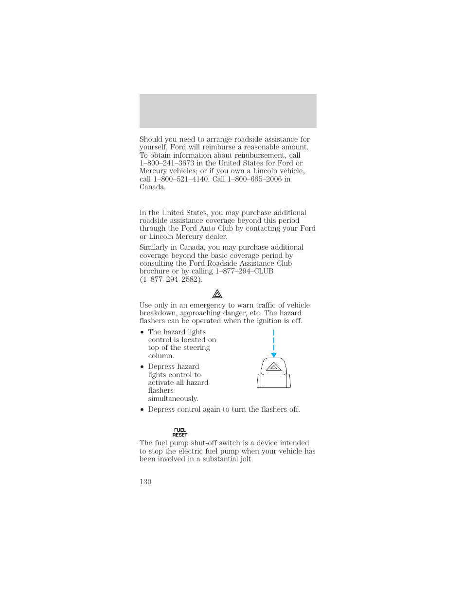 Roadside emergencies | FORD 2001 Mustang User Manual | Page 130 / 240