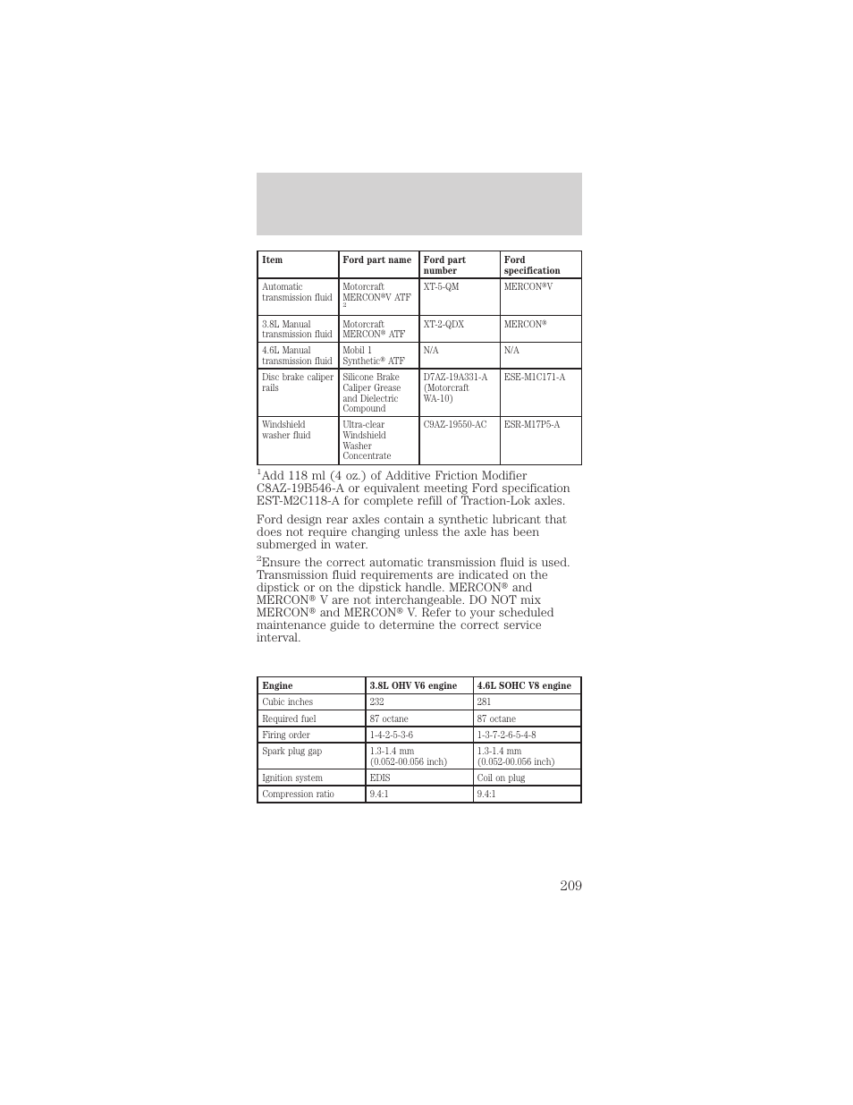 Capacities and specifications, Engine data | FORD 2001 Mustang User Manual | Page 209 / 240