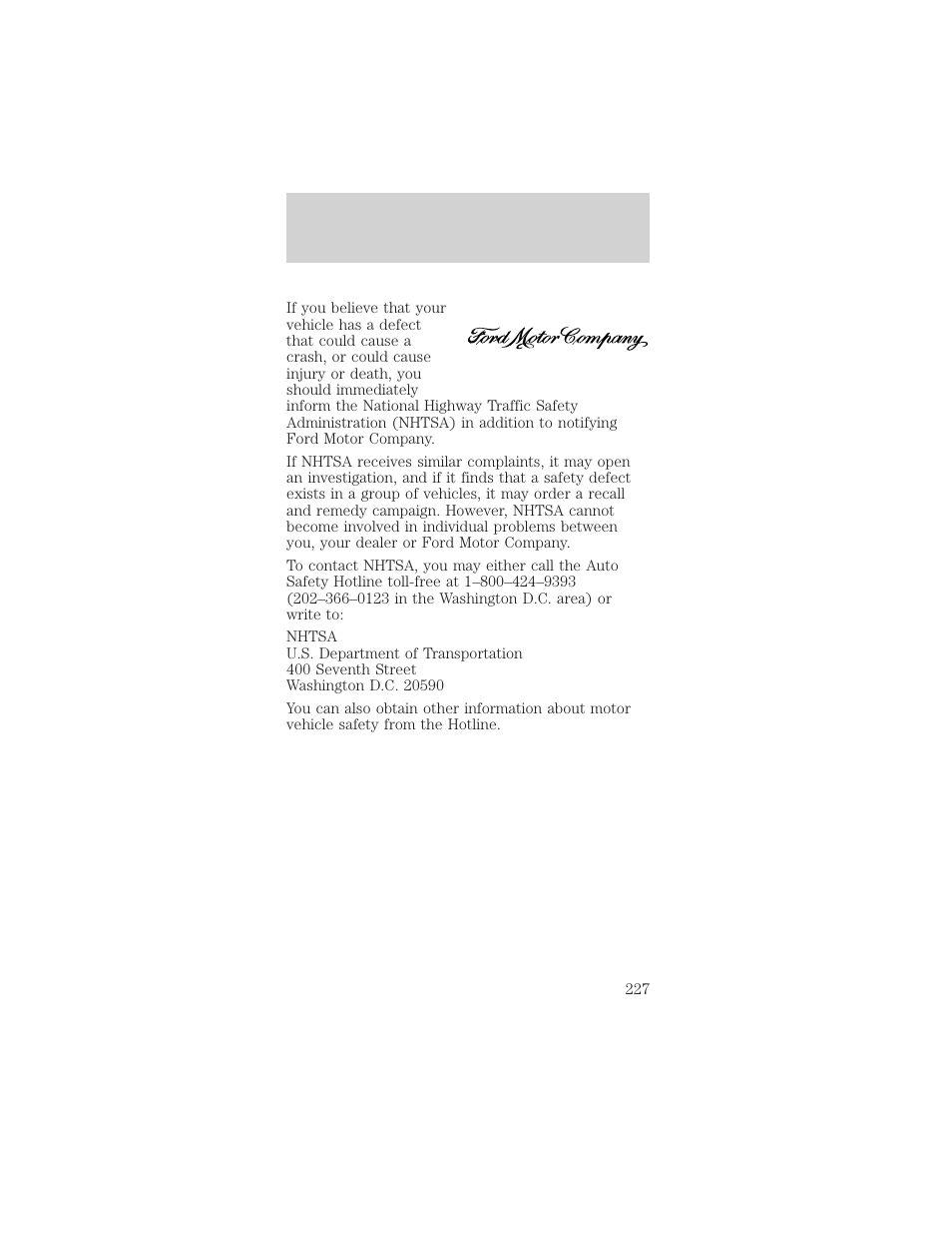 Reporting safety defects | FORD 2001 Mustang User Manual | Page 227 / 240