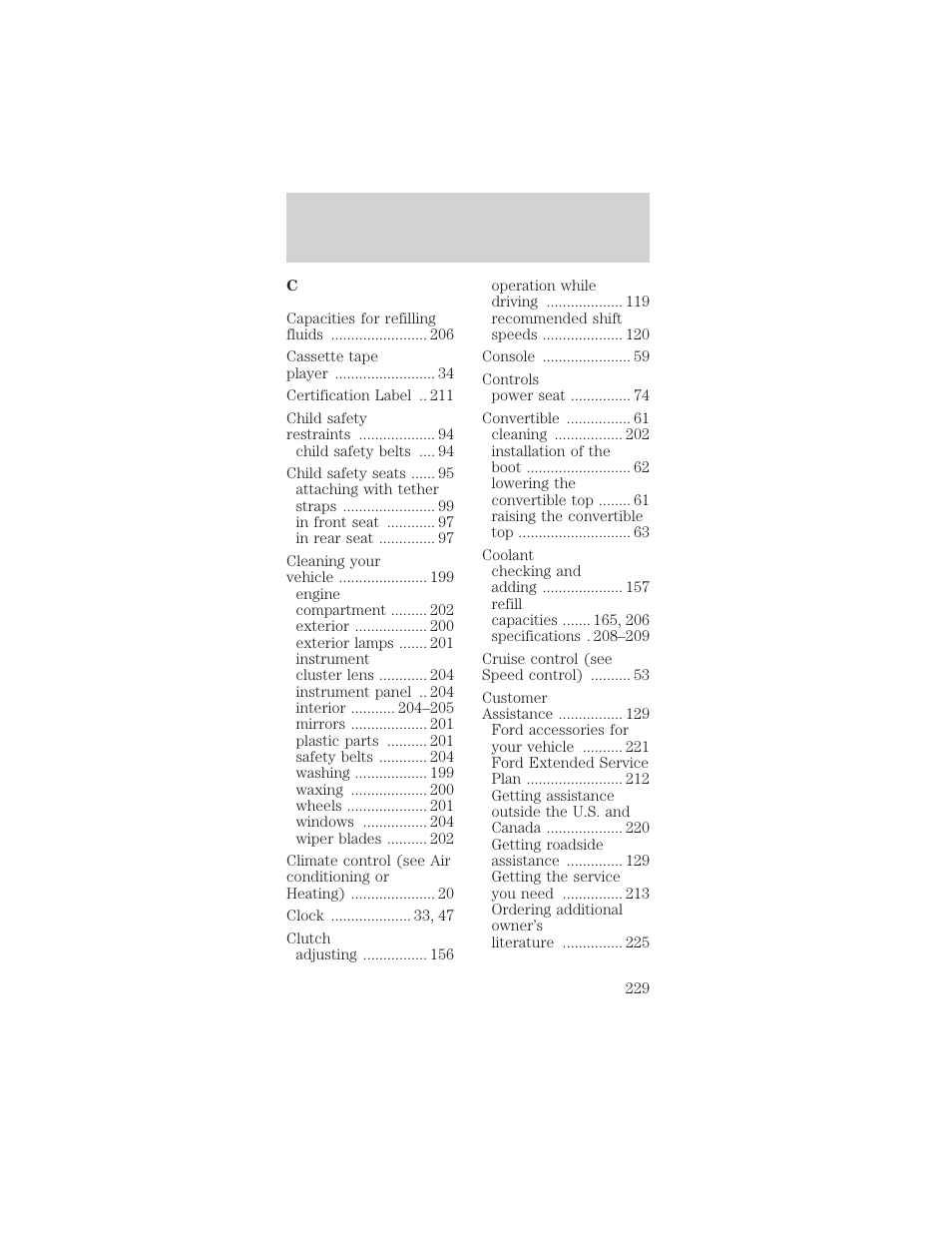 Index | FORD 2001 Mustang User Manual | Page 229 / 240