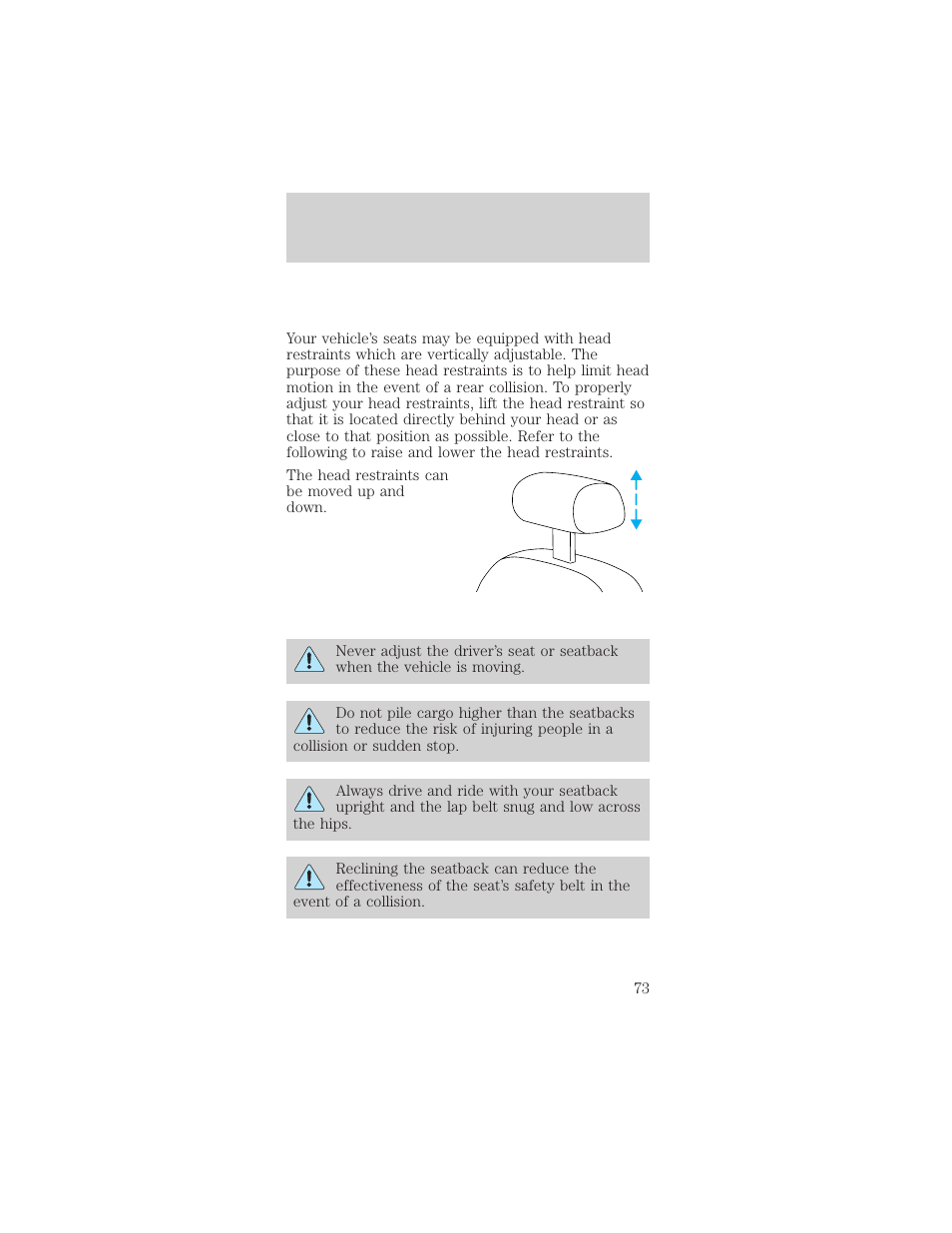 Seating and safety restraints | FORD 2001 Mustang User Manual | Page 73 / 240