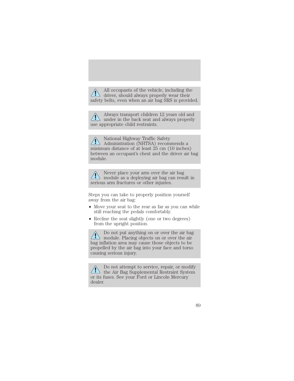 Seating and safety restraints | FORD 2001 Mustang User Manual | Page 89 / 240