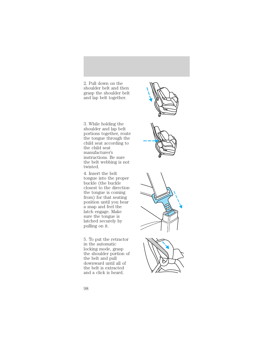 Seating and safety restraints | FORD 2001 Mustang User Manual | Page 98 / 240