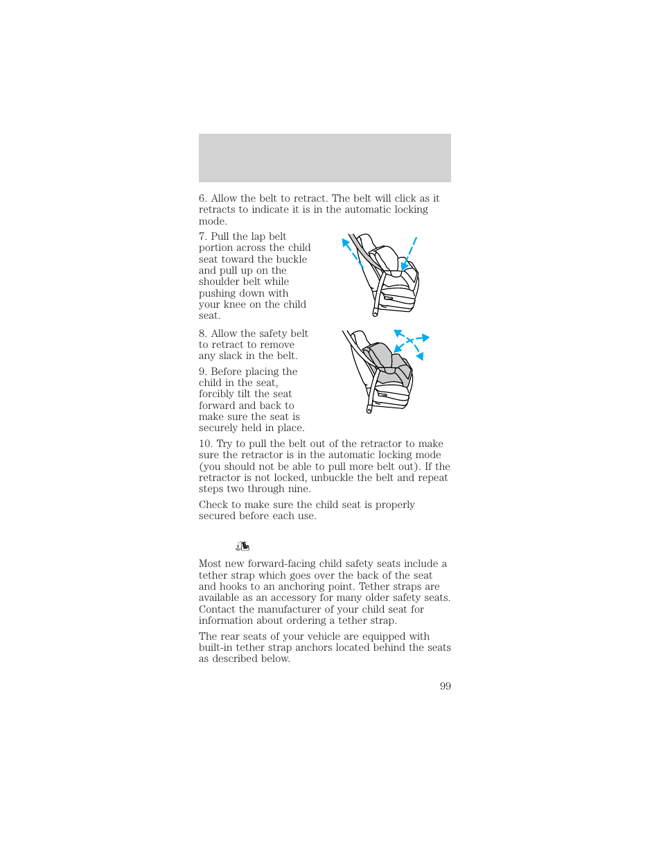 Seating and safety restraints | FORD 2001 Mustang User Manual | Page 99 / 240