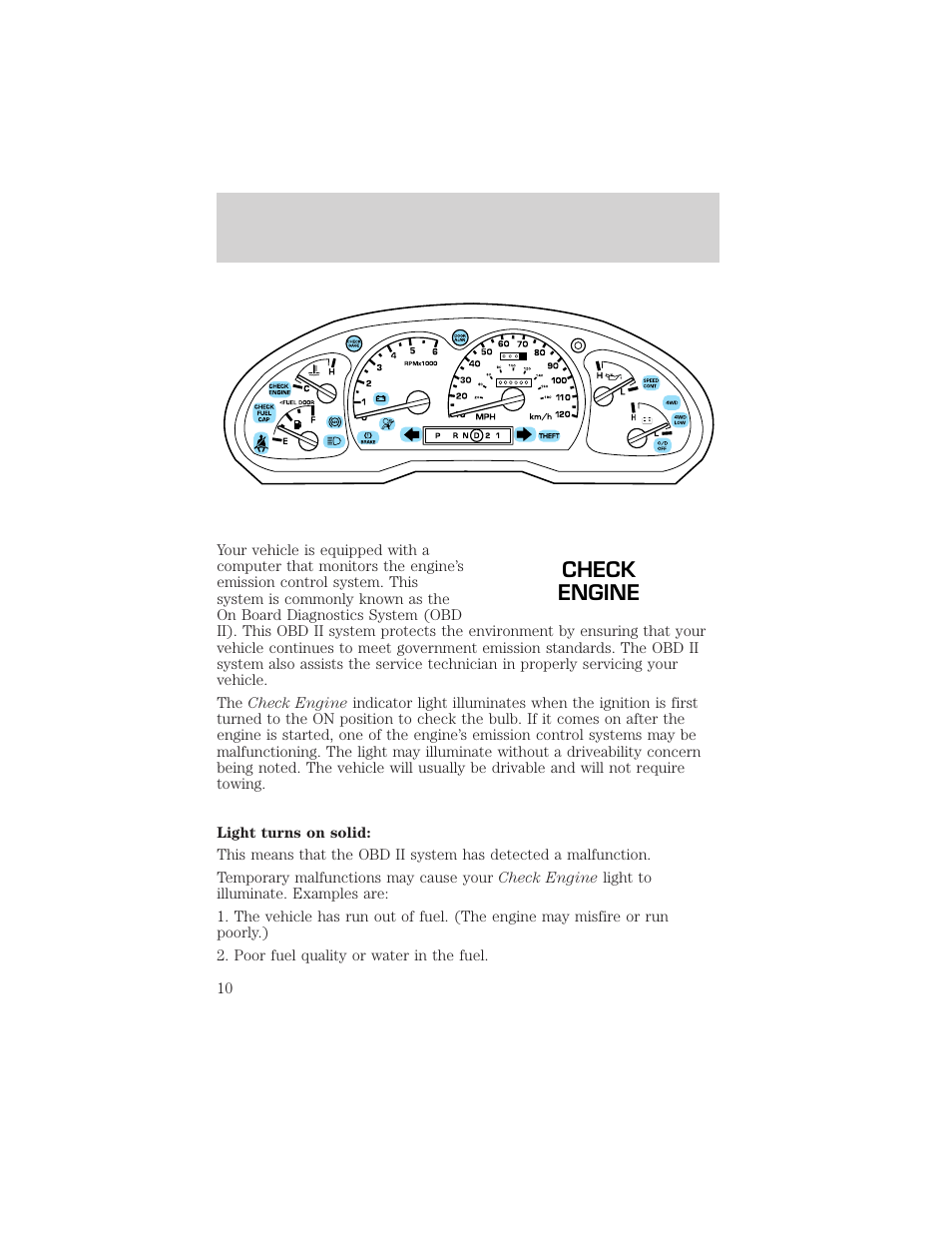 Check engine, Instrumentation | FORD 2001 Ranger User Manual | Page 10 / 272