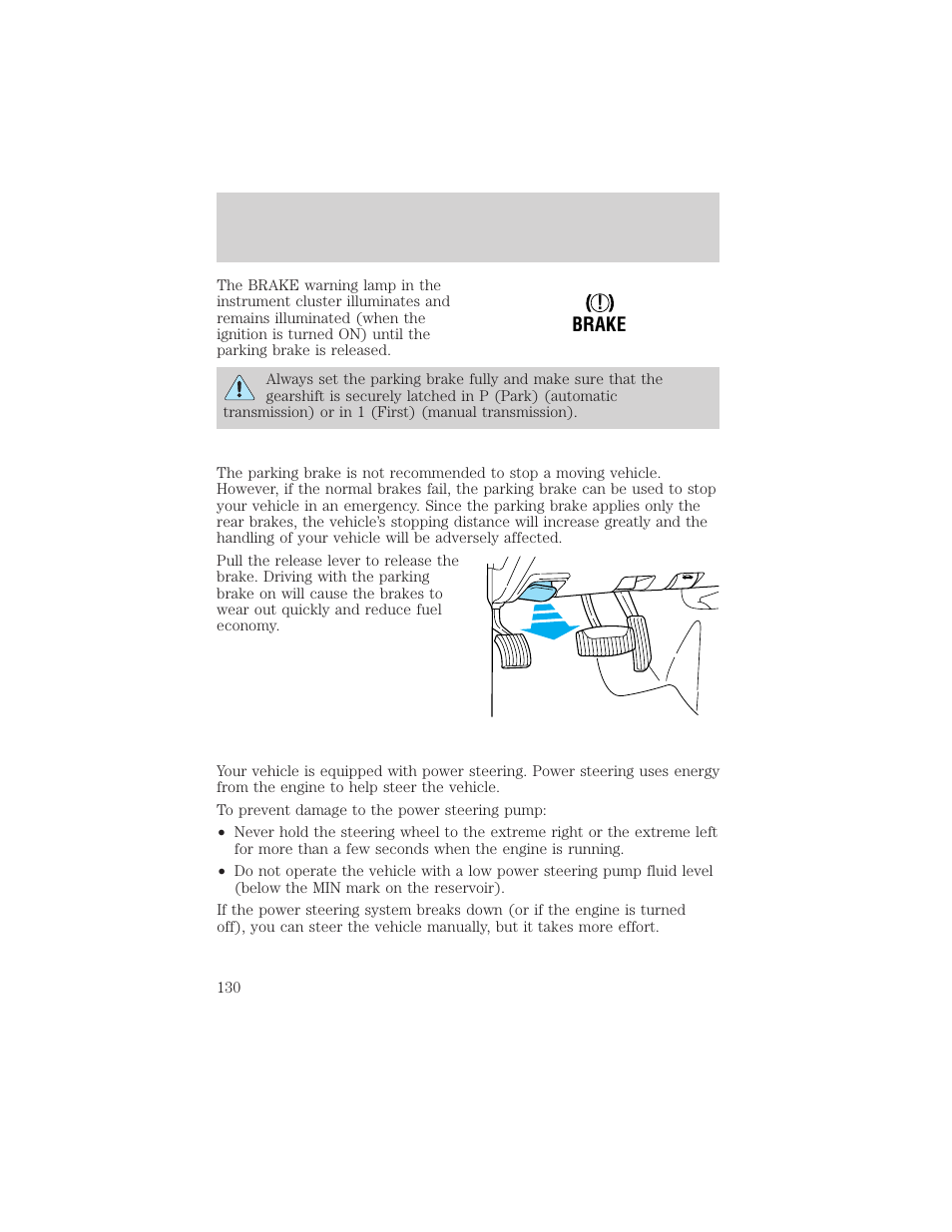 Driving, Brake | FORD 2001 Ranger User Manual | Page 130 / 272