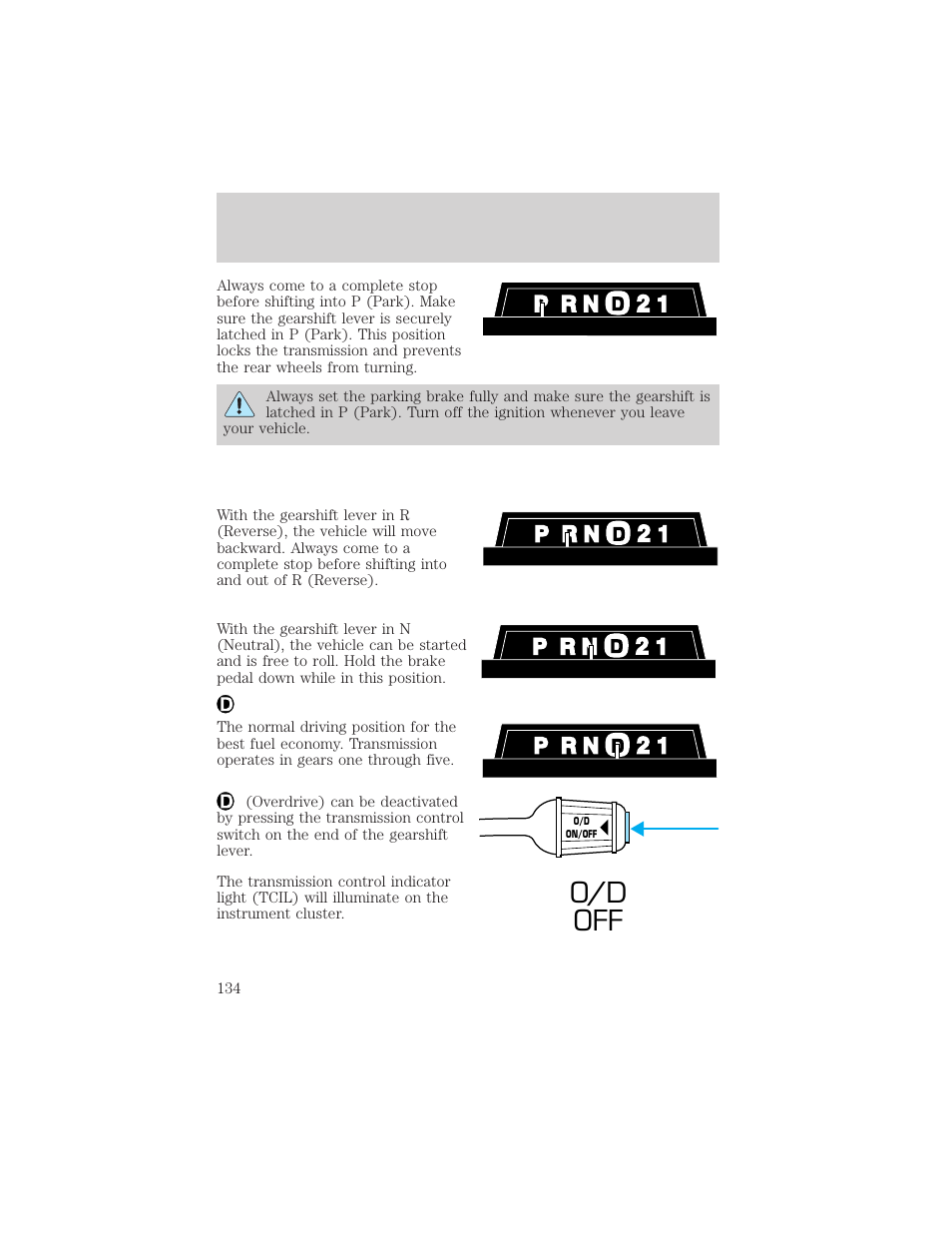 O/d off, Driving | FORD 2001 Ranger User Manual | Page 134 / 272