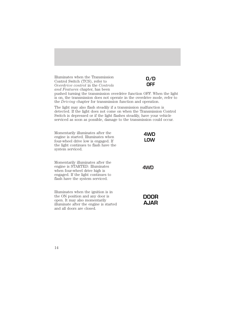 Door ajar | FORD 2001 Ranger User Manual | Page 14 / 272