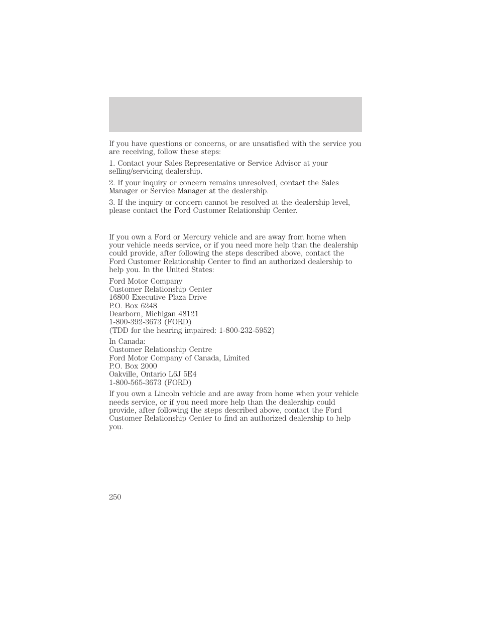 Customer assistance | FORD 2001 Ranger User Manual | Page 250 / 272