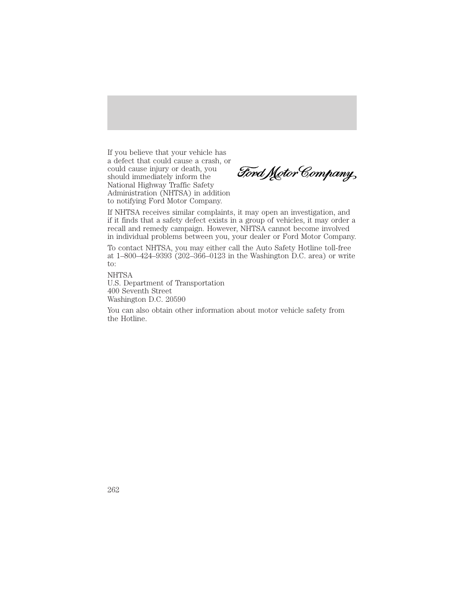 Reporting safety defects | FORD 2001 Ranger User Manual | Page 262 / 272