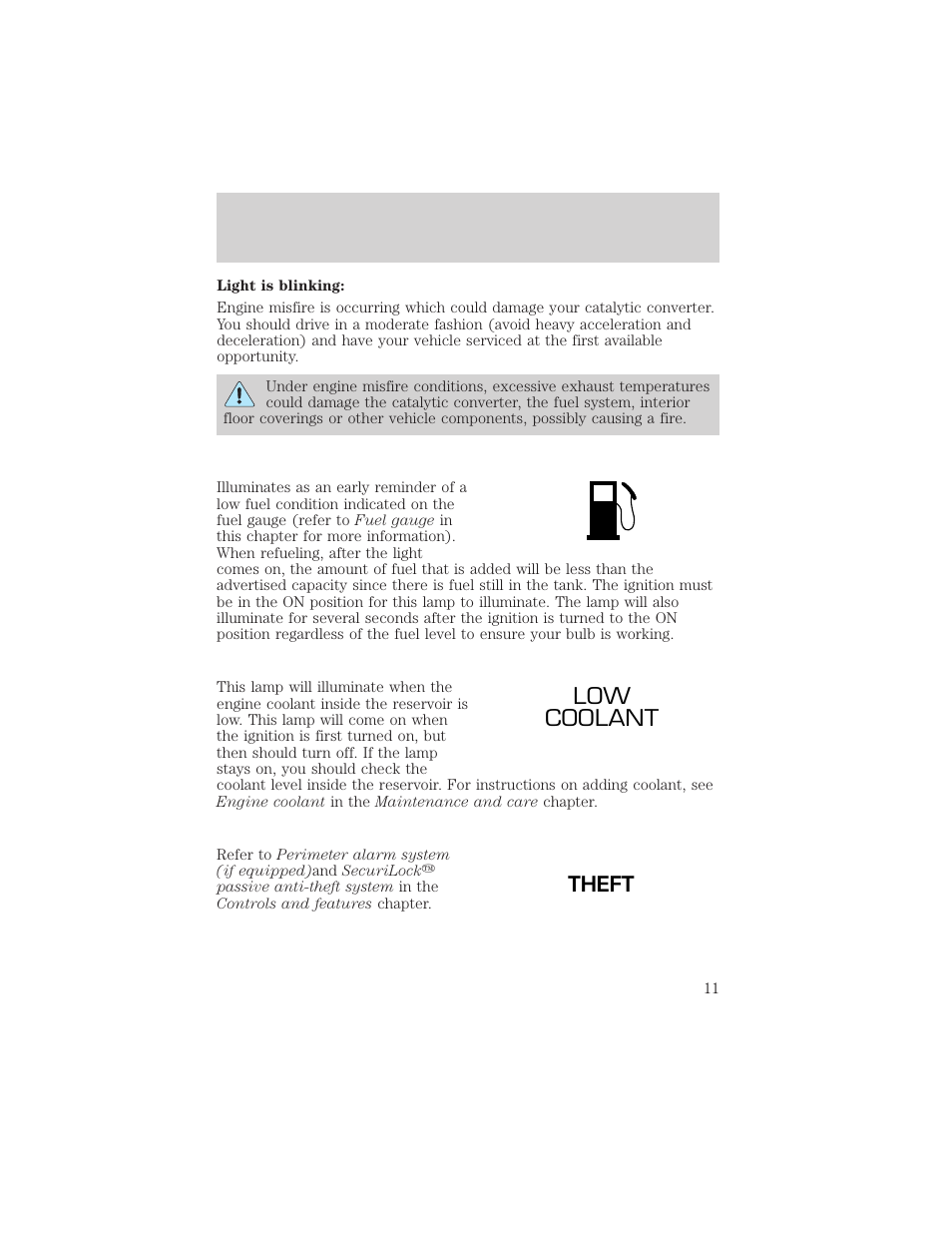 Low coolant, Theft, Instrumentation | FORD 2001 Taurus User Manual | Page 11 / 256