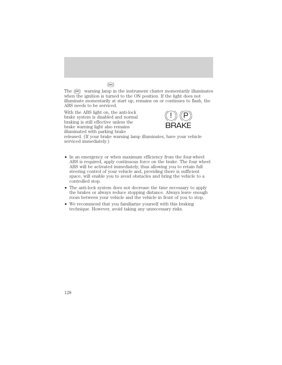 P! brake, Driving | FORD 2001 Taurus User Manual | Page 128 / 256