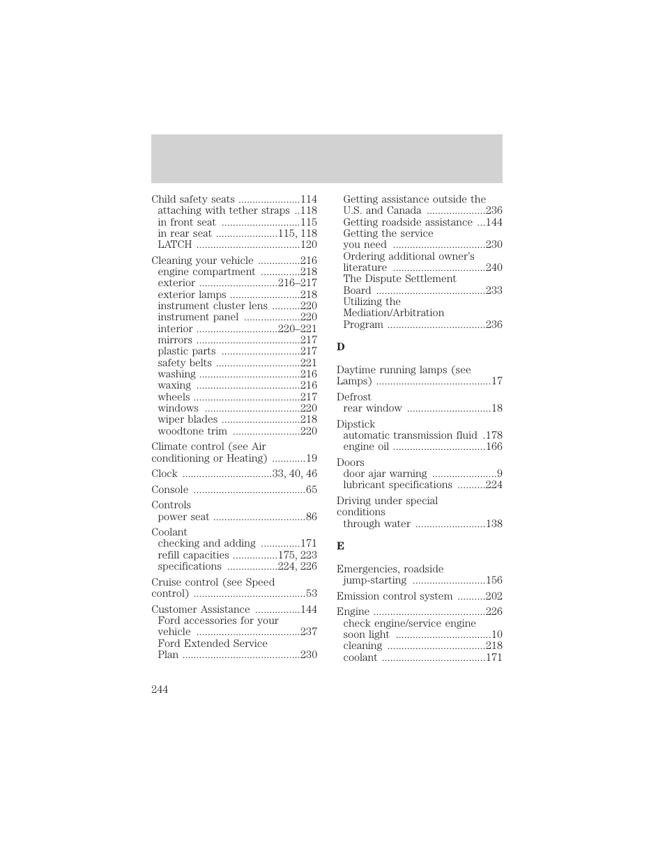 Index | FORD 2001 Taurus User Manual | Page 244 / 256