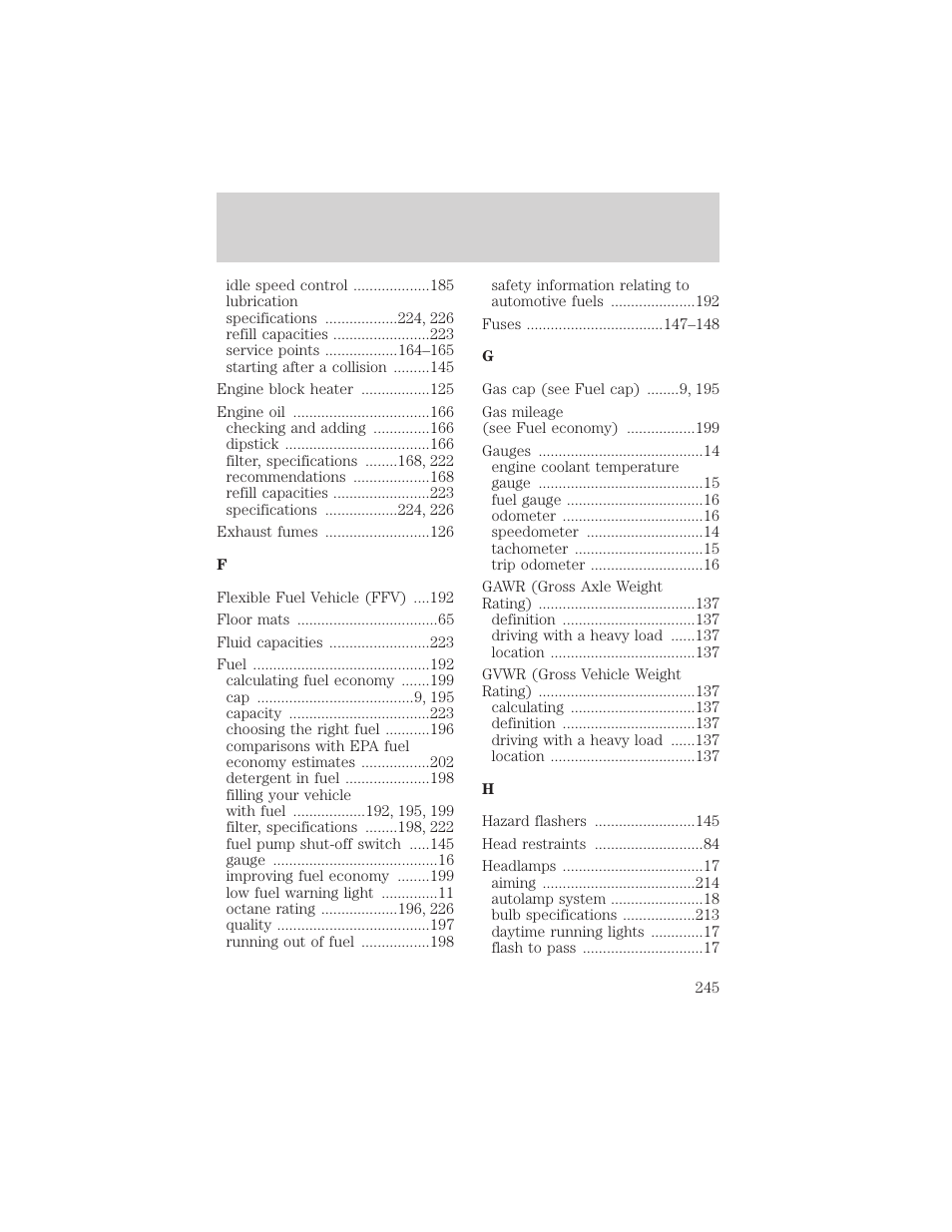 Index | FORD 2001 Taurus User Manual | Page 245 / 256