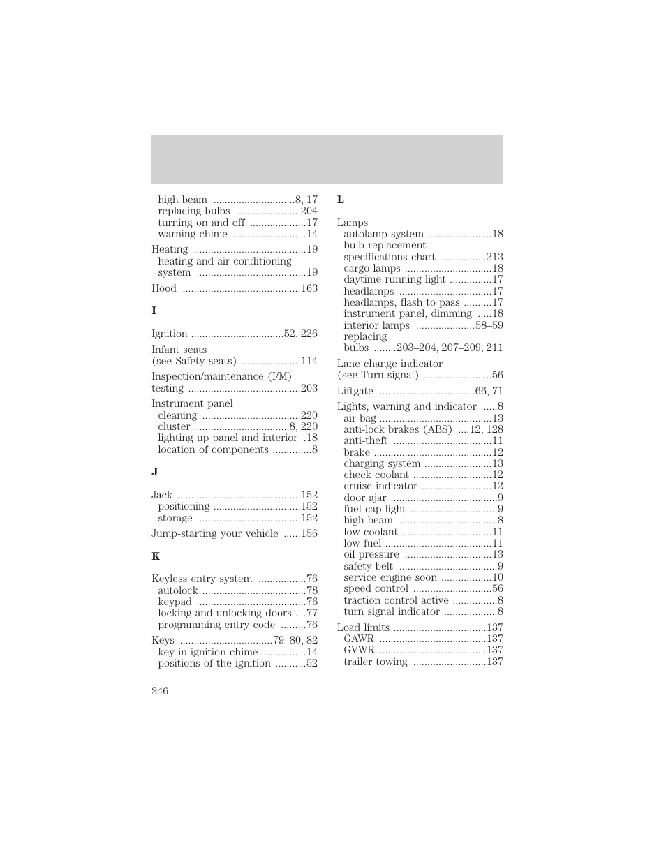 Index | FORD 2001 Taurus User Manual | Page 246 / 256