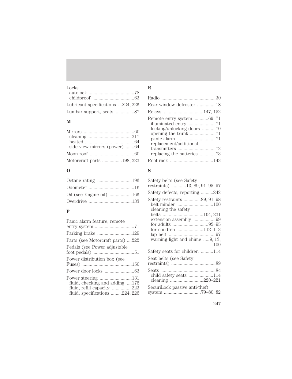 Index | FORD 2001 Taurus User Manual | Page 247 / 256