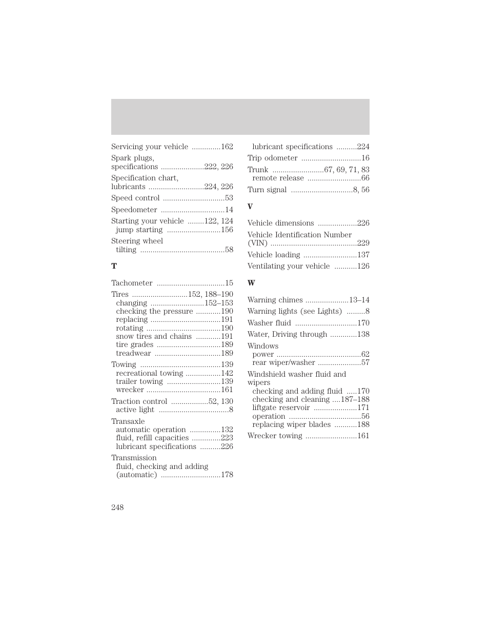 Index | FORD 2001 Taurus User Manual | Page 248 / 256