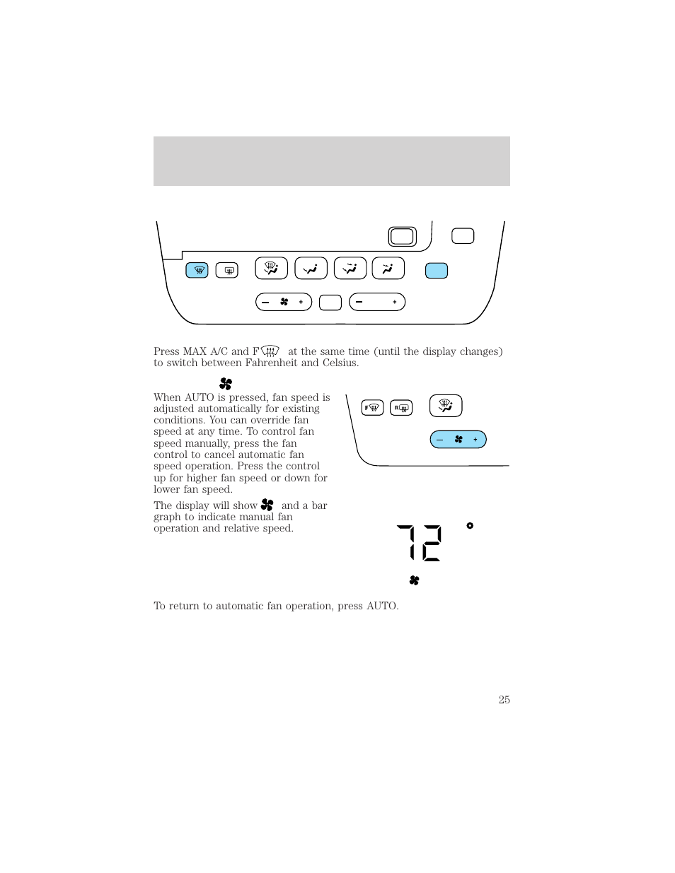 Auto fan, Controls and features | FORD 2001 Taurus User Manual | Page 25 / 256