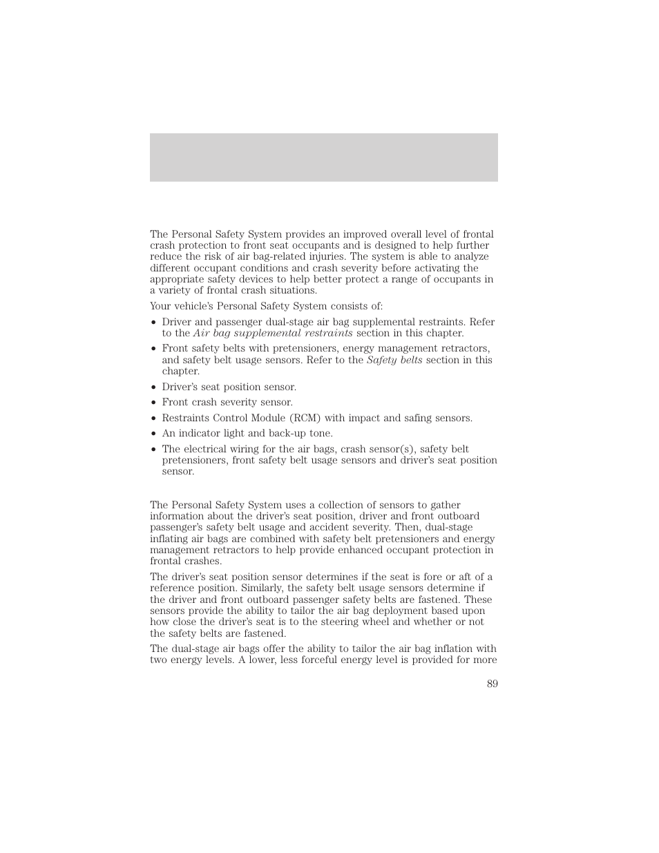 Seating and safety restraints | FORD 2001 Taurus User Manual | Page 89 / 256