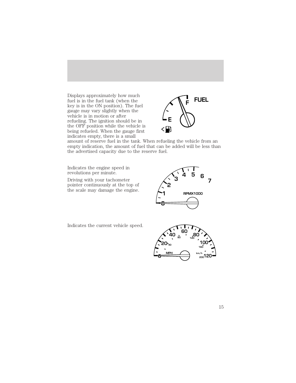 Instrumentation, Ffuel e | FORD 2001 Windstar User Manual | Page 15 / 288