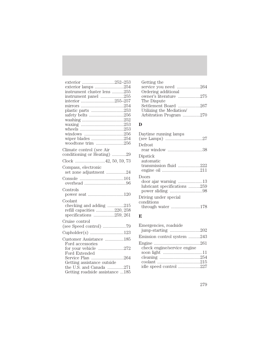 Index | FORD 2001 Windstar User Manual | Page 279 / 288