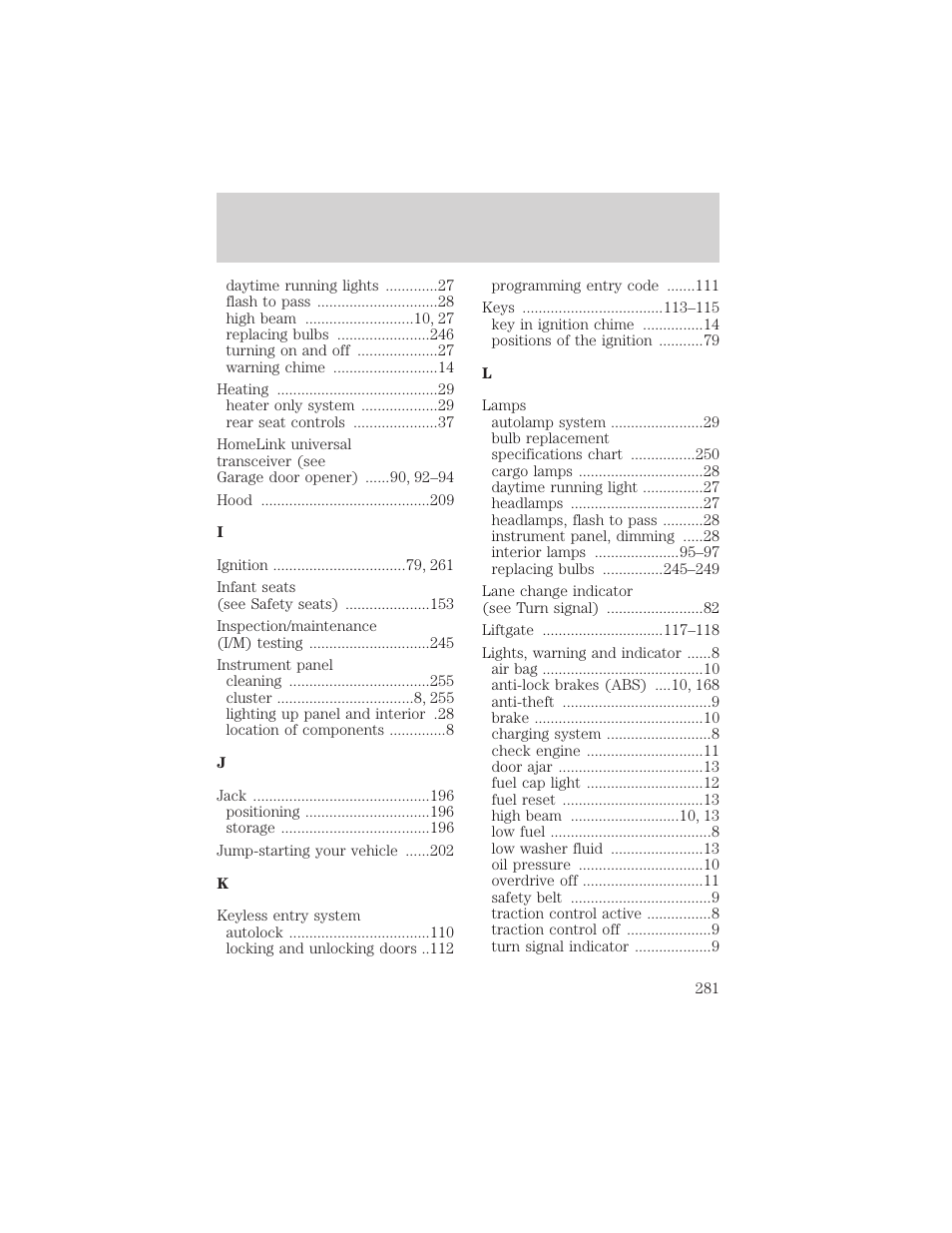 Index | FORD 2001 Windstar User Manual | Page 281 / 288
