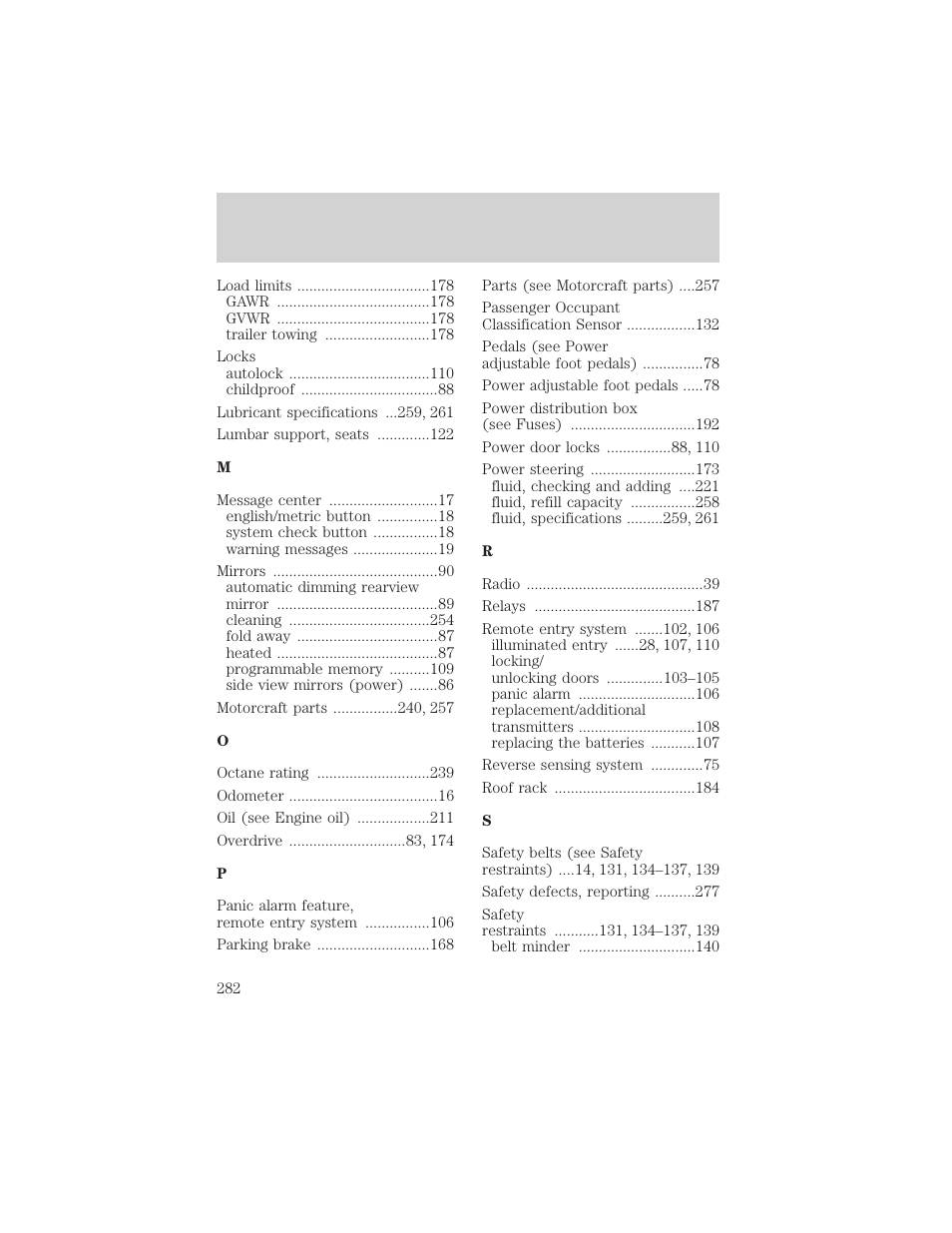 Index | FORD 2001 Windstar User Manual | Page 282 / 288