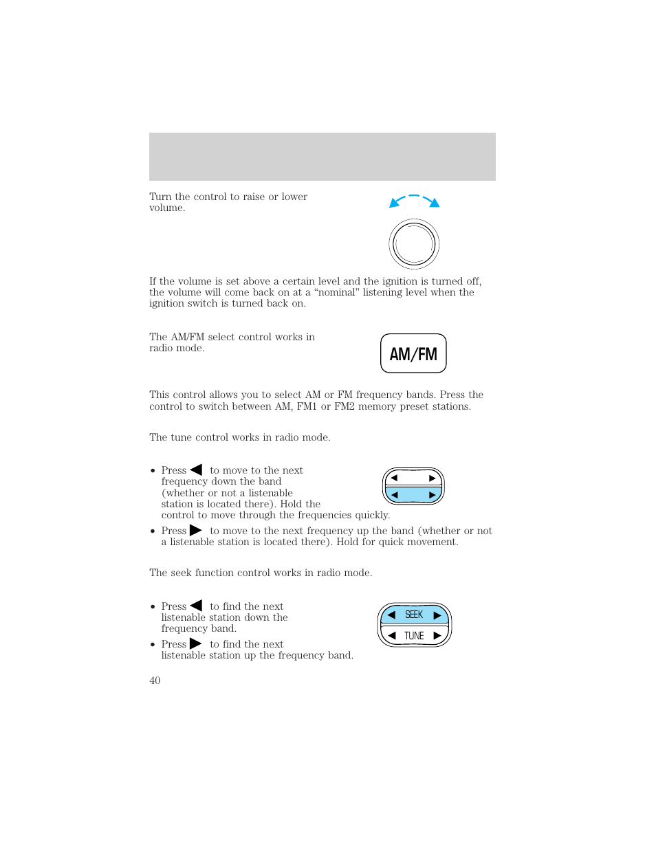 Am/fm, Controls and features | FORD 2001 Windstar User Manual | Page 40 / 288