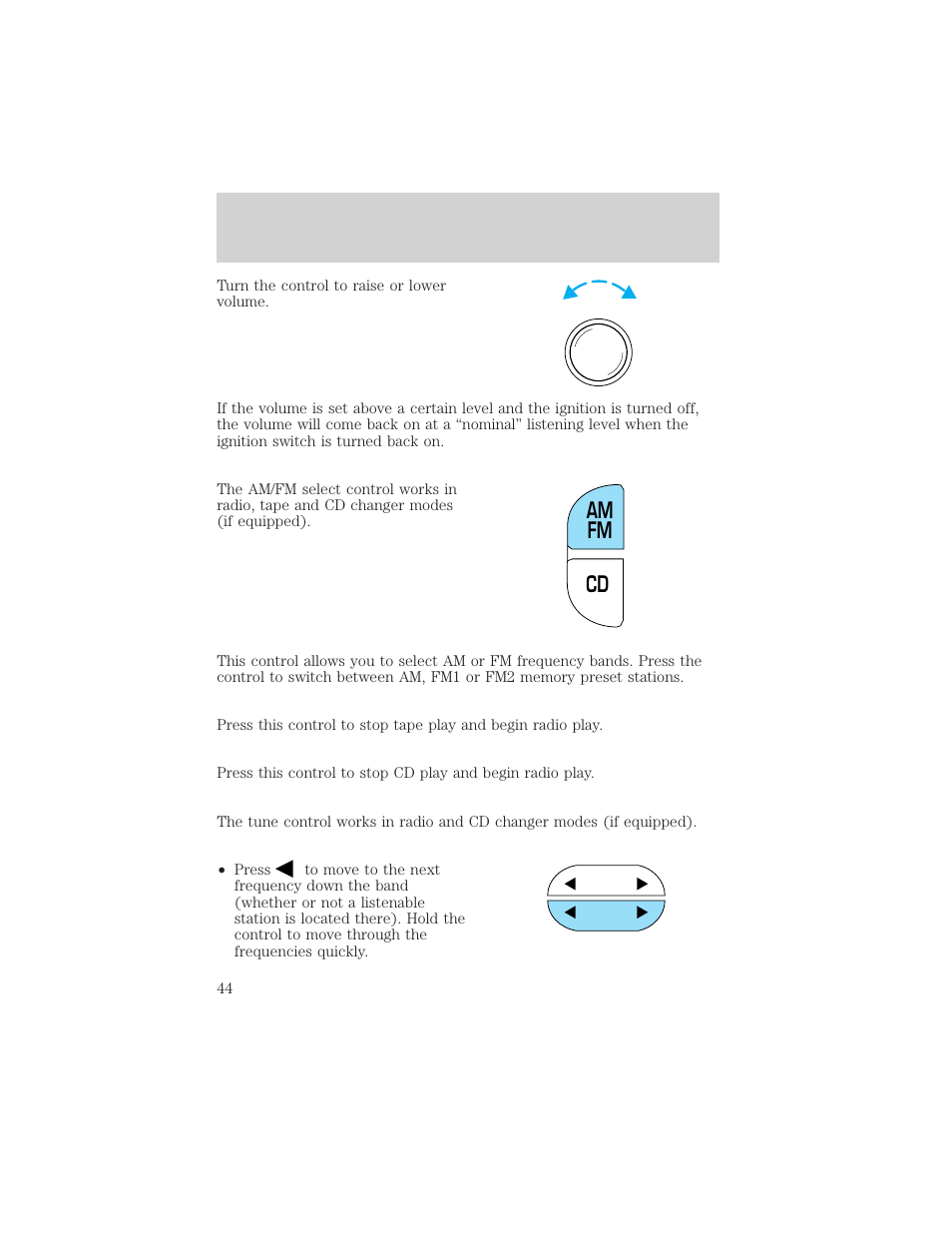 Cd am fm, Controls and features | FORD 2001 Windstar User Manual | Page 44 / 288