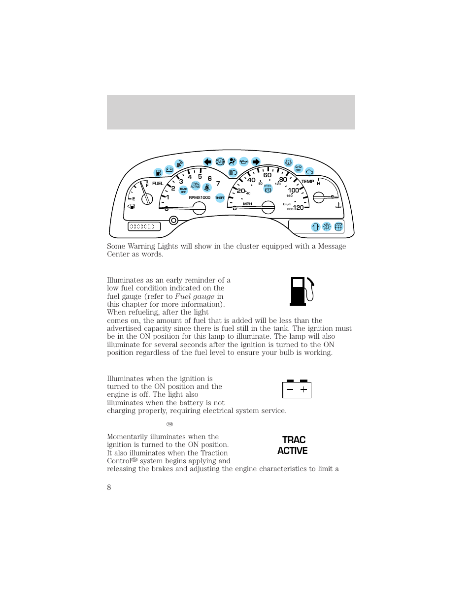 Instrumentation, Trac active | FORD 2001 Windstar User Manual | Page 8 / 288