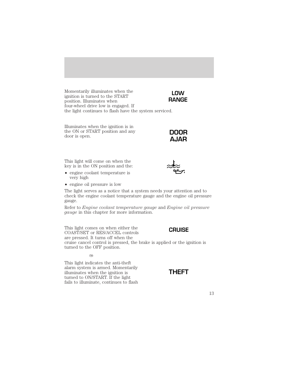 Door ajar, Theft, Instrumentation | FORD 2000 Excursion v.1 User Manual | Page 13 / 232