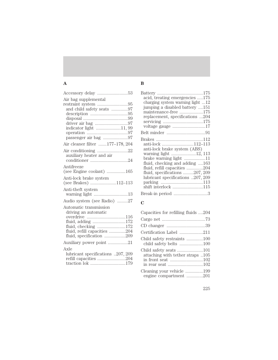 Index | FORD 2000 Excursion v.1 User Manual | Page 225 / 232