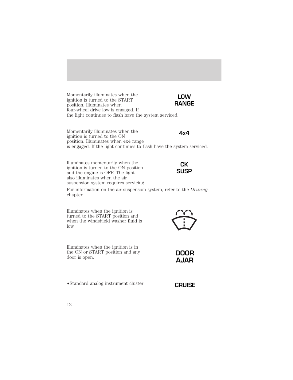 Door ajar, Instrumentation | FORD 2000 Expedition User Manual | Page 12 / 256