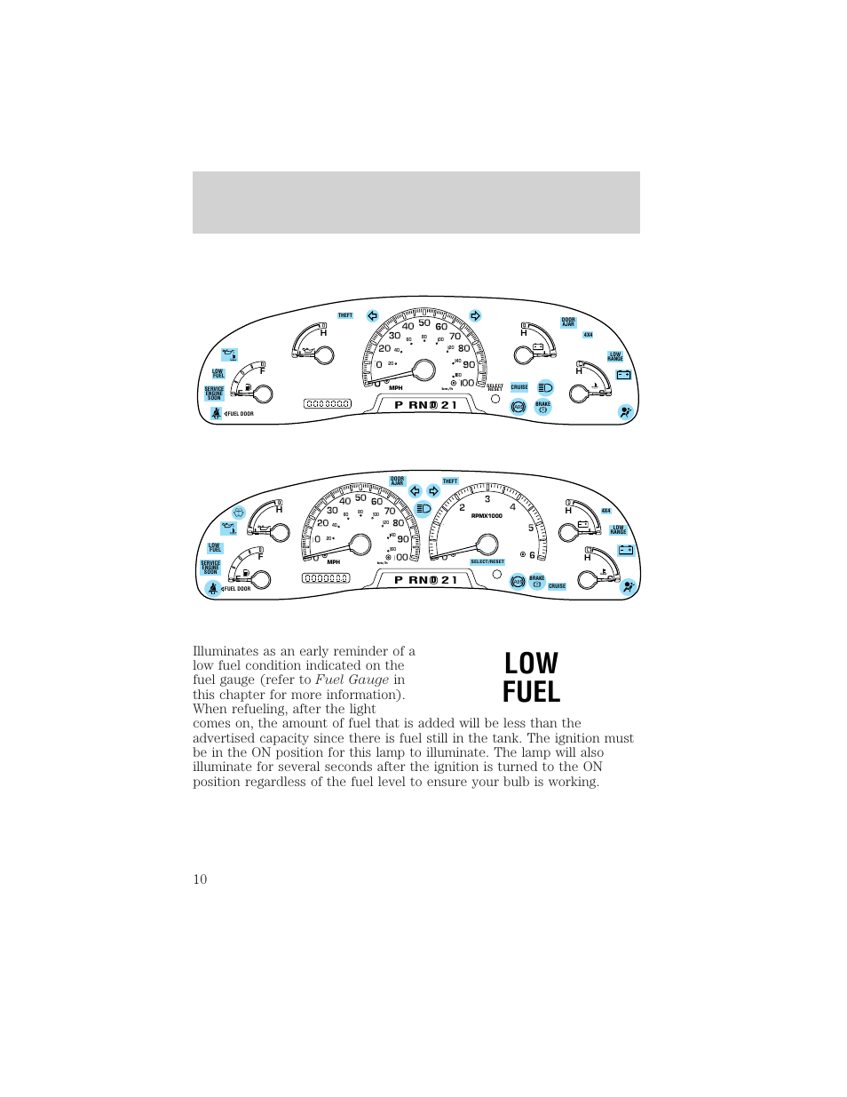 Low fuel, Instrumentation | FORD 2000 F-150 User Manual | Page 10 / 280