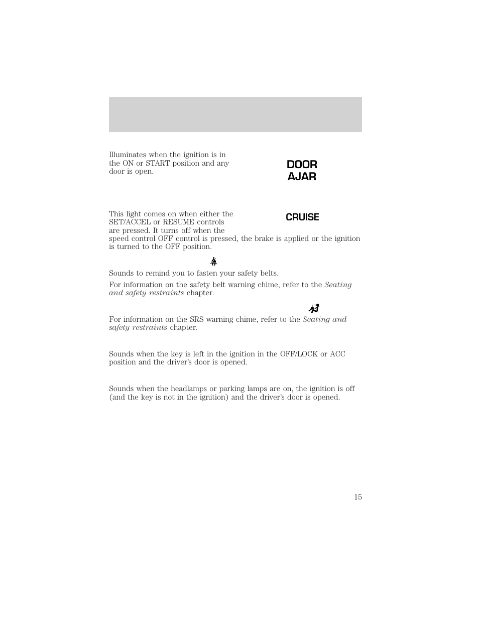 Door ajar, Instrumentation | FORD 2000 F-150 User Manual | Page 15 / 280