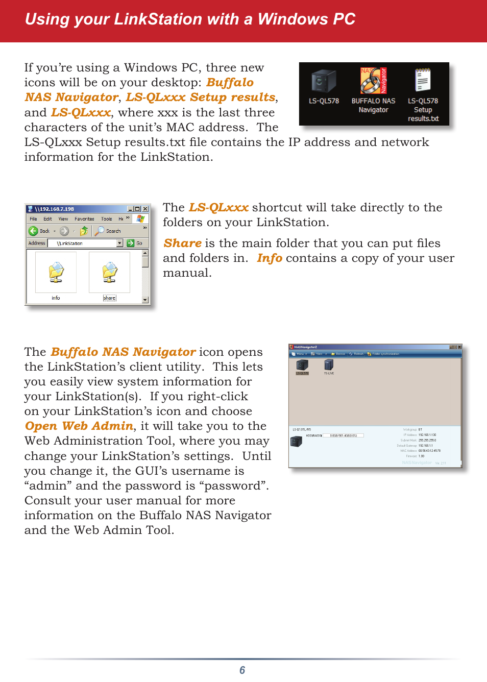 Using your linkstation with a windows pc | Buffalo Technology LS-QL/R5 User Manual | Page 6 / 12