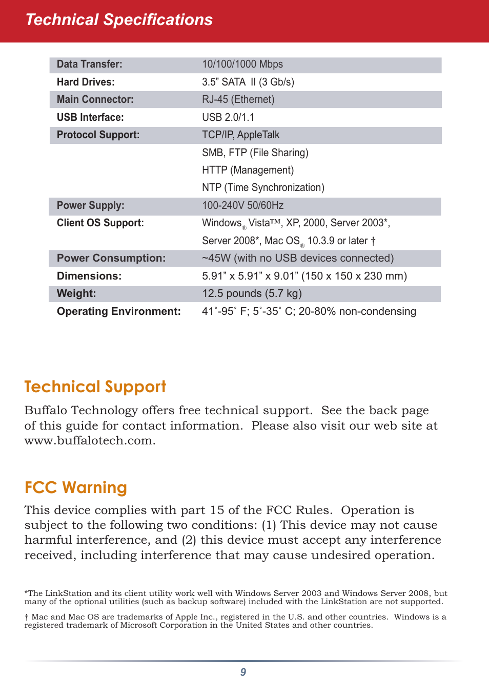Technical support, Fcc warning, Technical specifications | Buffalo Technology LS-QL/R5 User Manual | Page 9 / 12