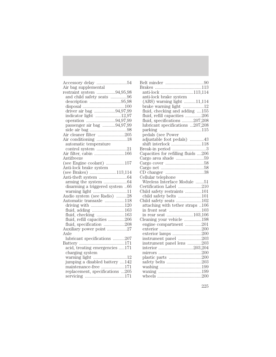 Index | FORD 2000 Taurus User Manual | Page 225 / 232