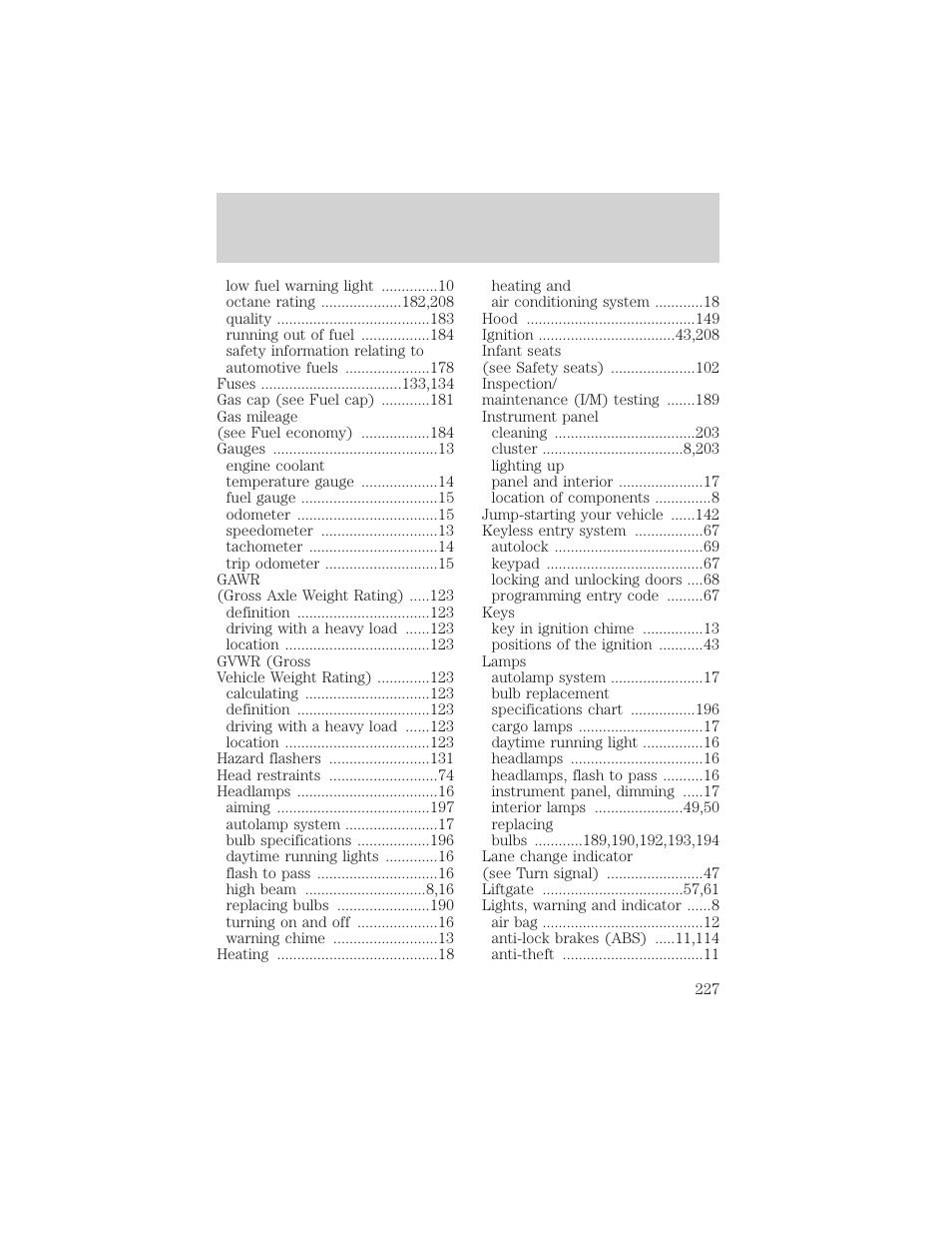 Index | FORD 2000 Taurus User Manual | Page 227 / 232