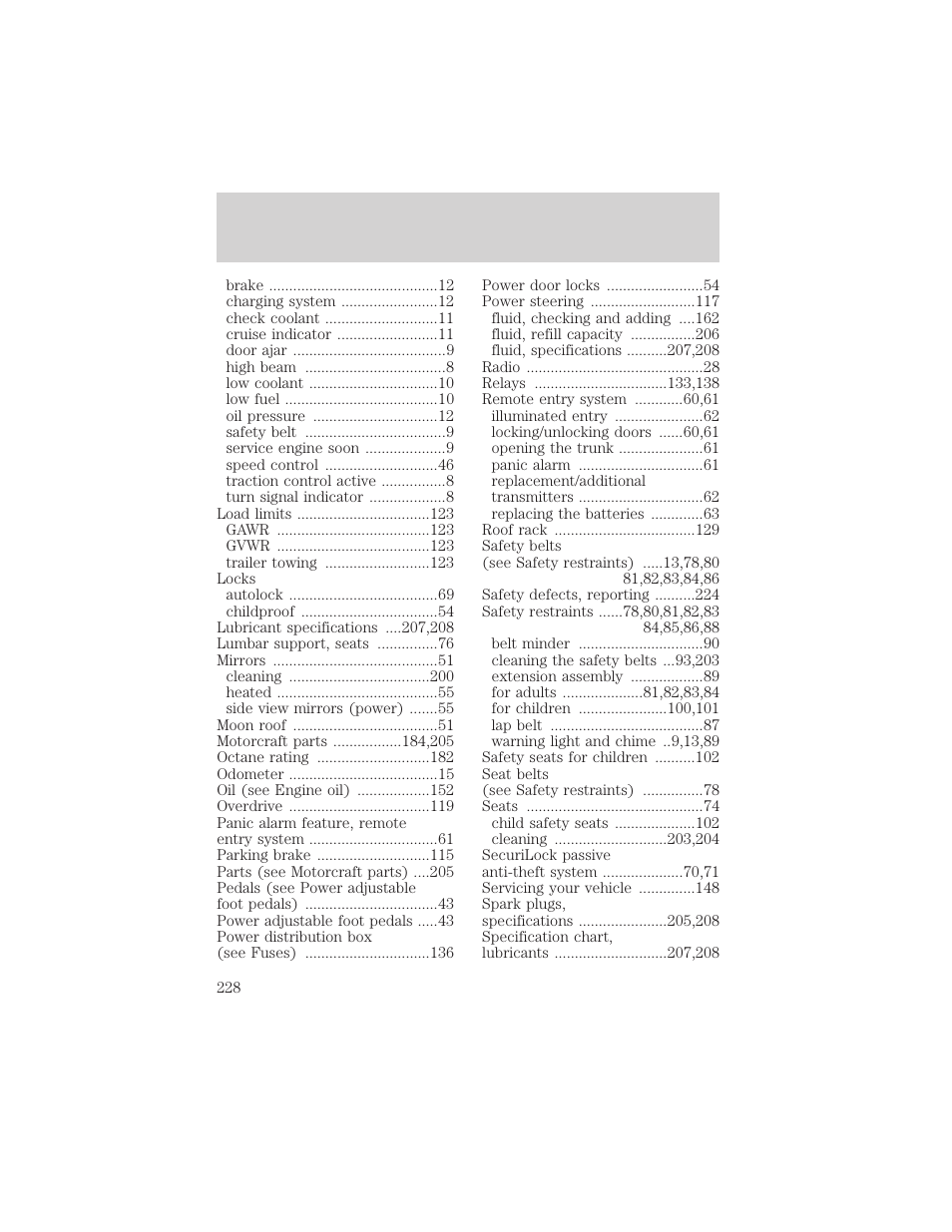 Index | FORD 2000 Taurus User Manual | Page 228 / 232