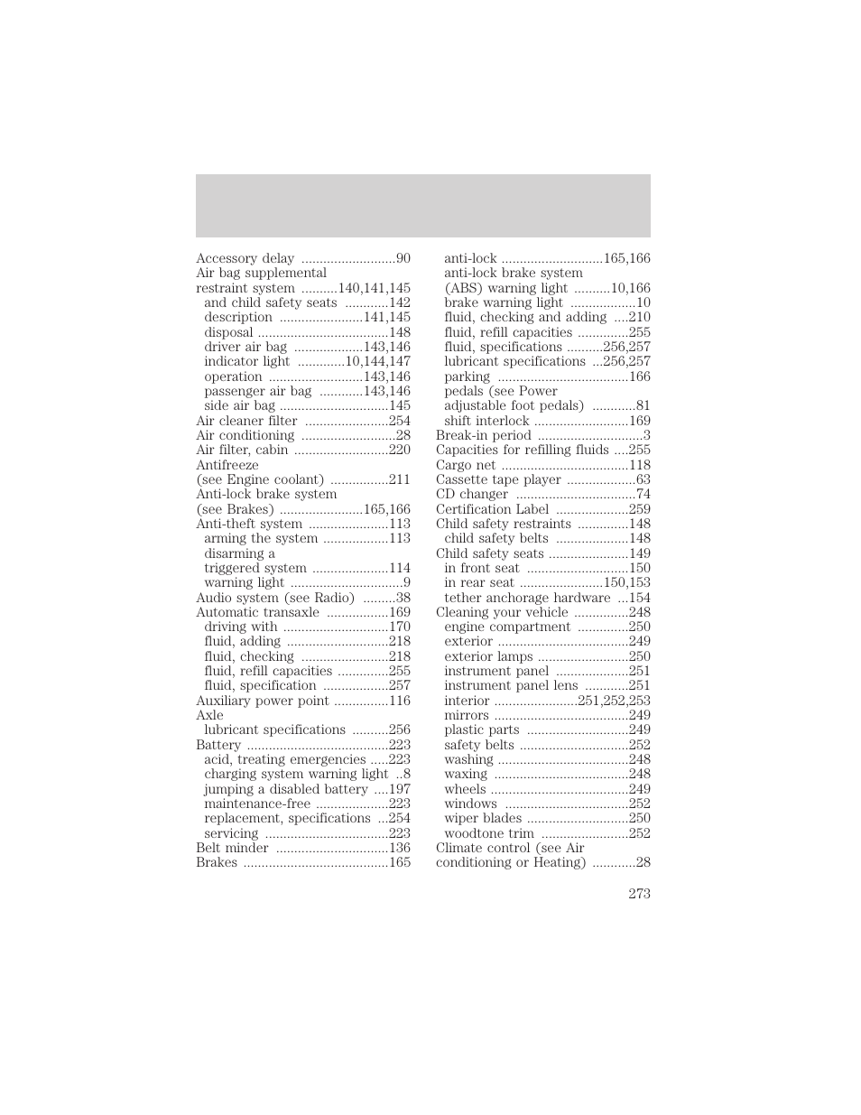 Index | FORD 2000 Windstar User Manual | Page 273 / 280