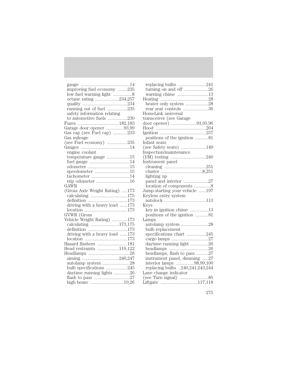 Index | FORD 2000 Windstar User Manual | Page 275 / 280