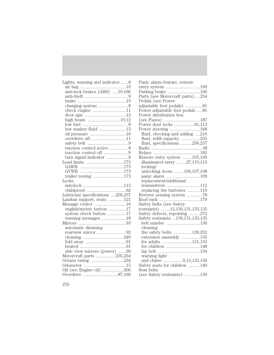 Index | FORD 2000 Windstar User Manual | Page 276 / 280