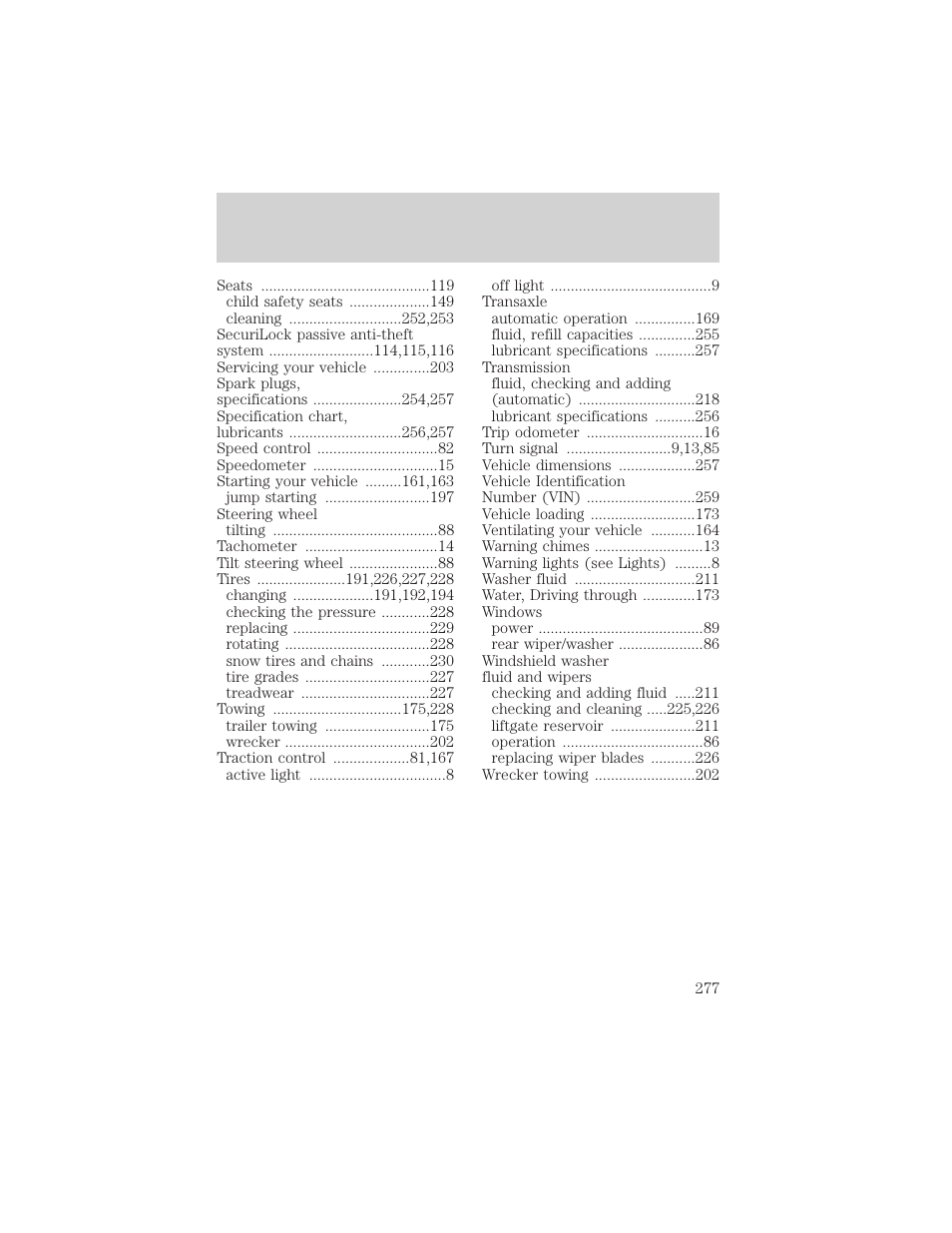 Index | FORD 2000 Windstar User Manual | Page 277 / 280