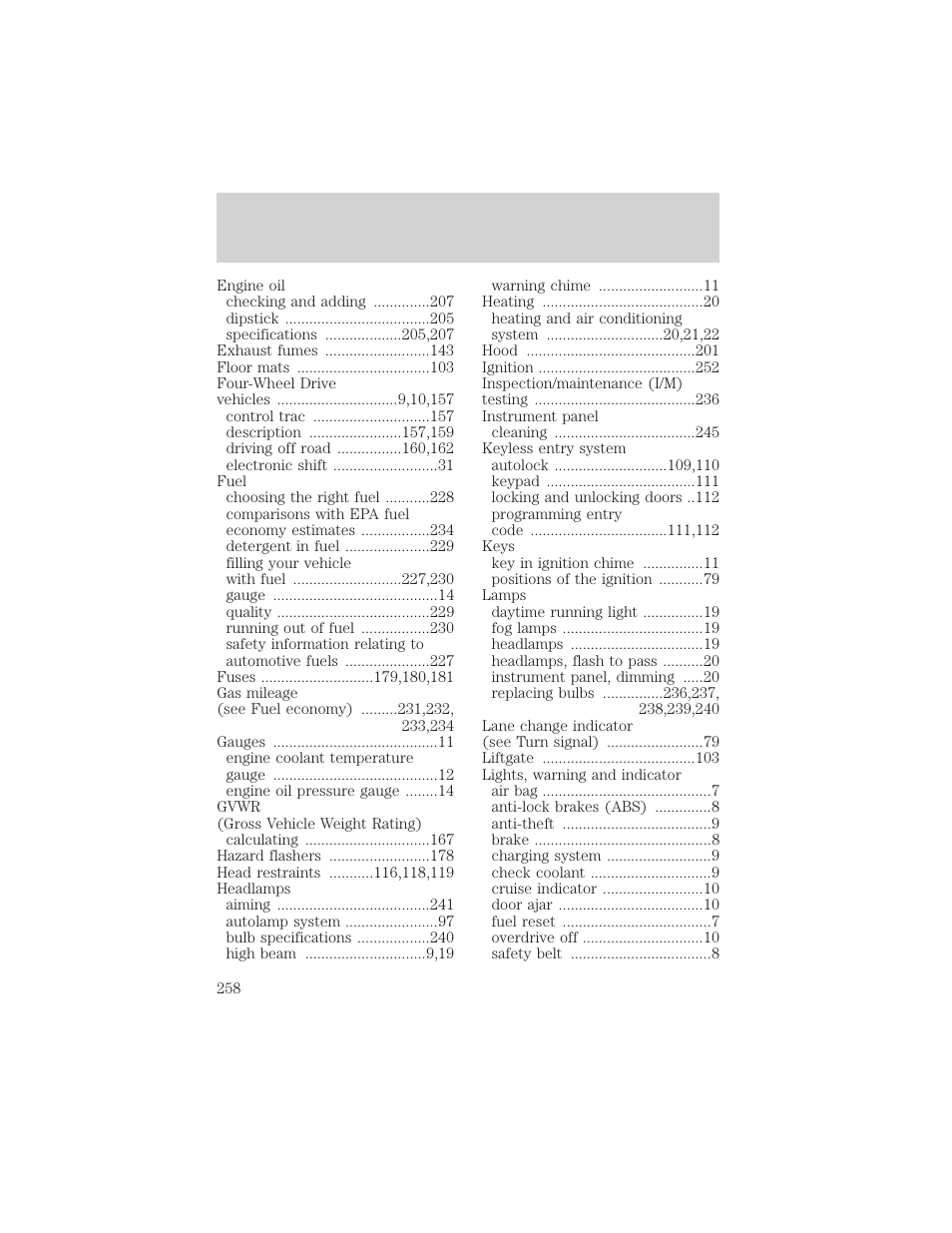 Index | FORD 1999 Explorer User Manual | Page 258 / 264