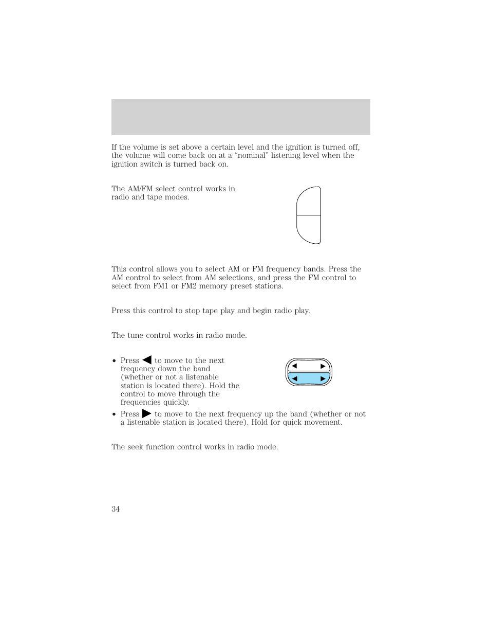 Am fm, Controls and features | FORD 1999 Explorer User Manual | Page 34 / 264