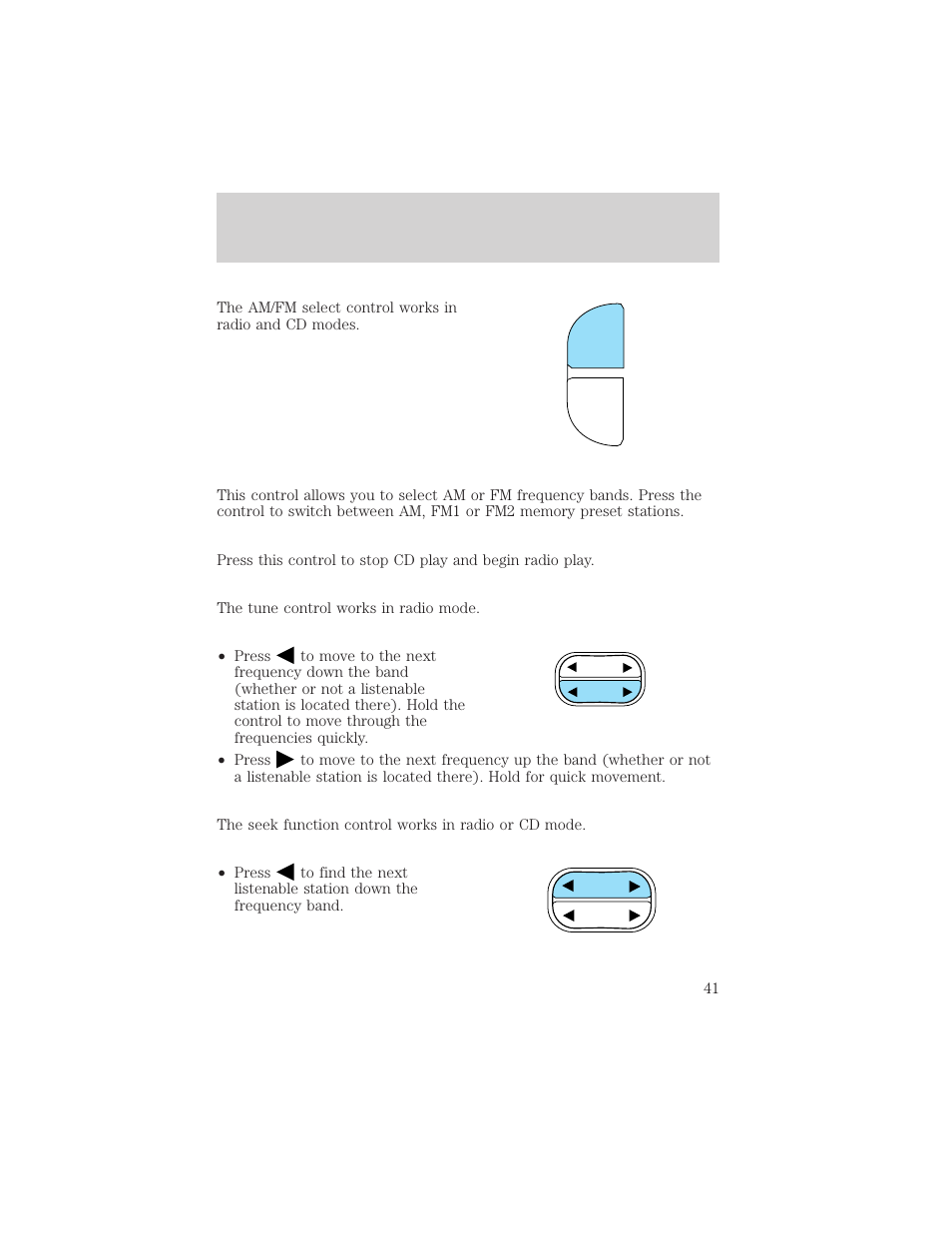 Cd am fm, Controls and features | FORD 1999 Explorer User Manual | Page 41 / 264