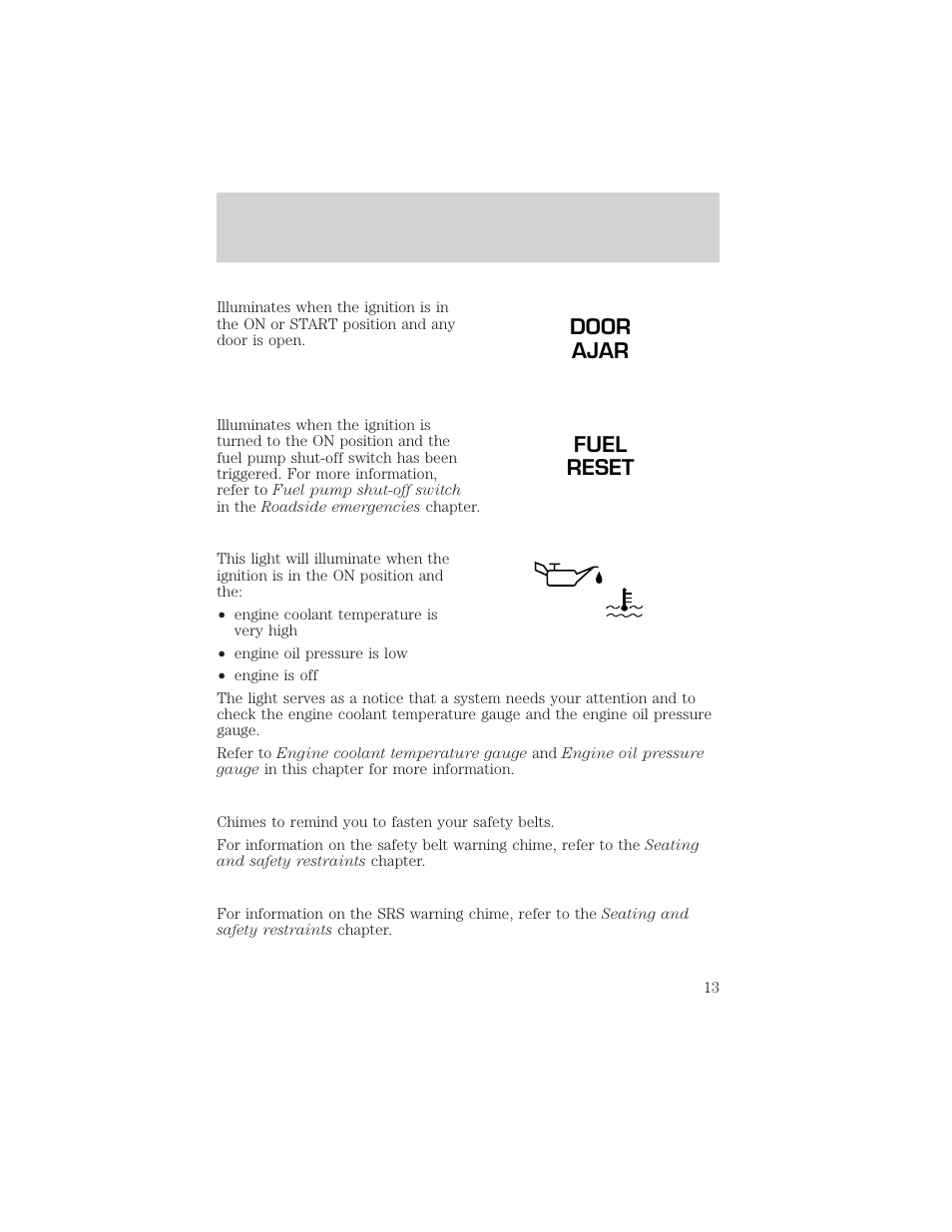 Door ajar fuel reset, Instrumentation | FORD 1999 F-550 v.1 User Manual | Page 13 / 240