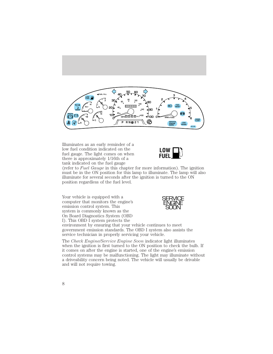 Instrumentation, Low fuel, Service engine soon | FORD 1999 F-550 v.1 User Manual | Page 8 / 240