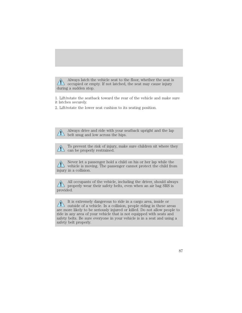 Seating and safety restraints | FORD 1999 F-550 v.1 User Manual | Page 87 / 240